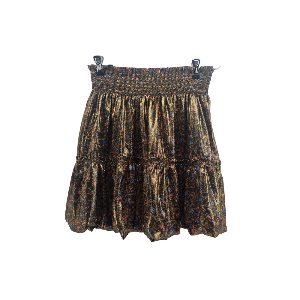 Free People Skirt Womens M Floral Brocade Gold Metallic Smocked Bubble EUC